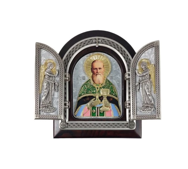 TRIPTYCH OF SAINT JOHN OF KRONŠTAD 22x18 cm - wooden, gilded-1